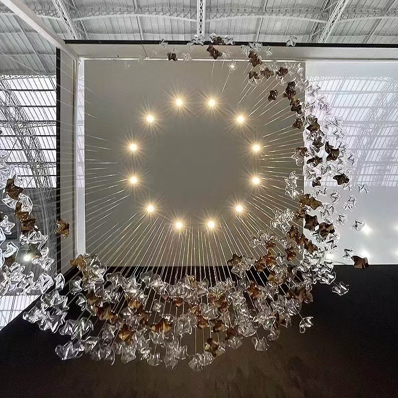 Hot Selling Custom Art Glass Ceiling Hanging Pendant Flower Butterfly Suspension Mounted for Living Room or Staircase Decoration