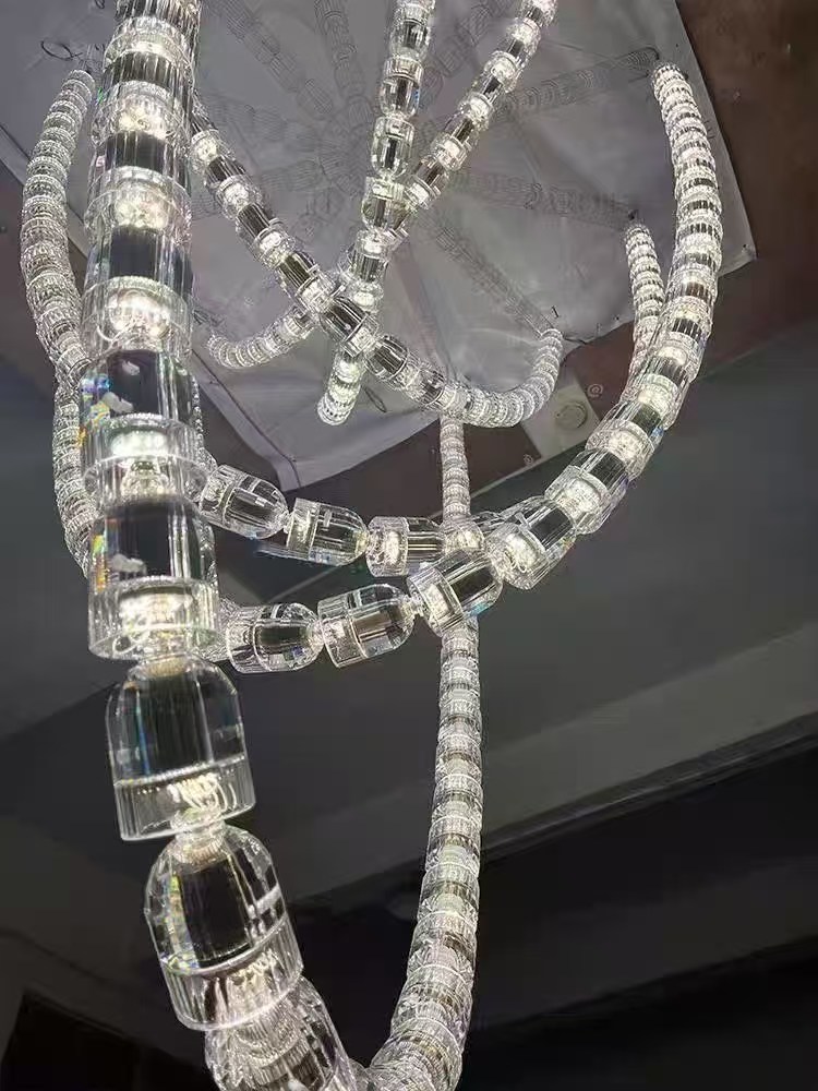 Custom Large LED Pendant Lamp for Hotel Lobby & Villa Staircase Crystal Design with Remote Control Bar Application