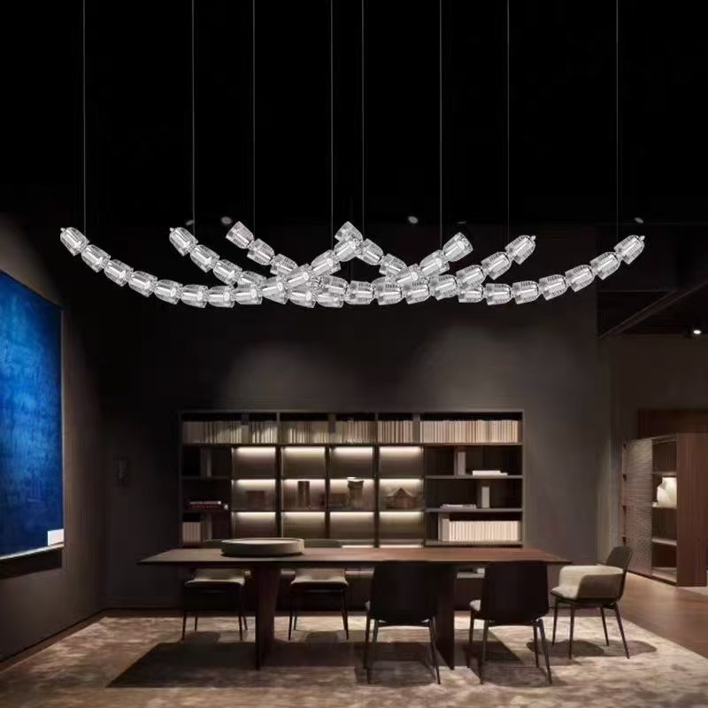 Adjustable Long Gold Crystal Necklace Chandelier Modern Linear LED Pendant Light for Living Room