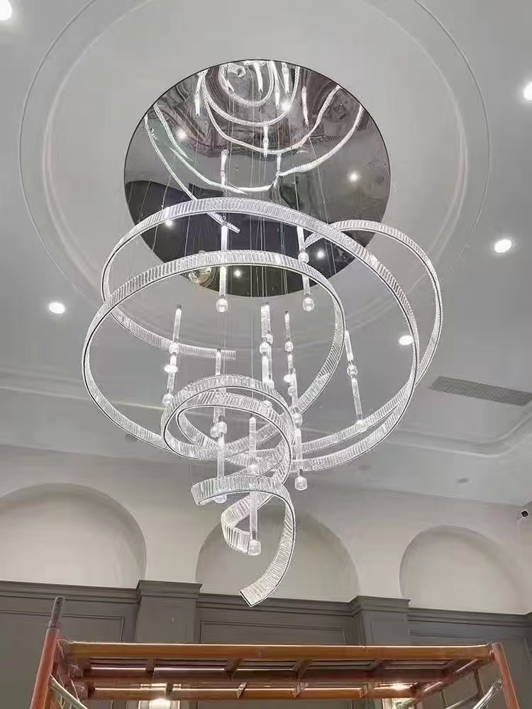 Villa Living Room Large LED Gold Chandelier Designer Light Luxury Art Staircase Loft Building Atmospheric Crystal Ribbon Ceiling
