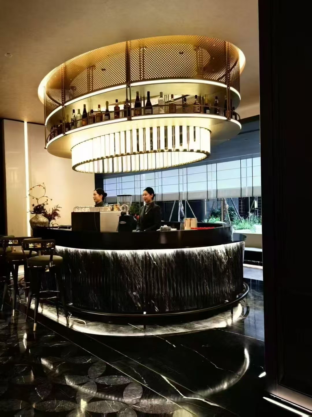 High-end Hotel Clubhouse Cashier Counter Stainless Steel Pendant Light LED Black Body Wine Rack Water Bar Lighting-Direct Supply