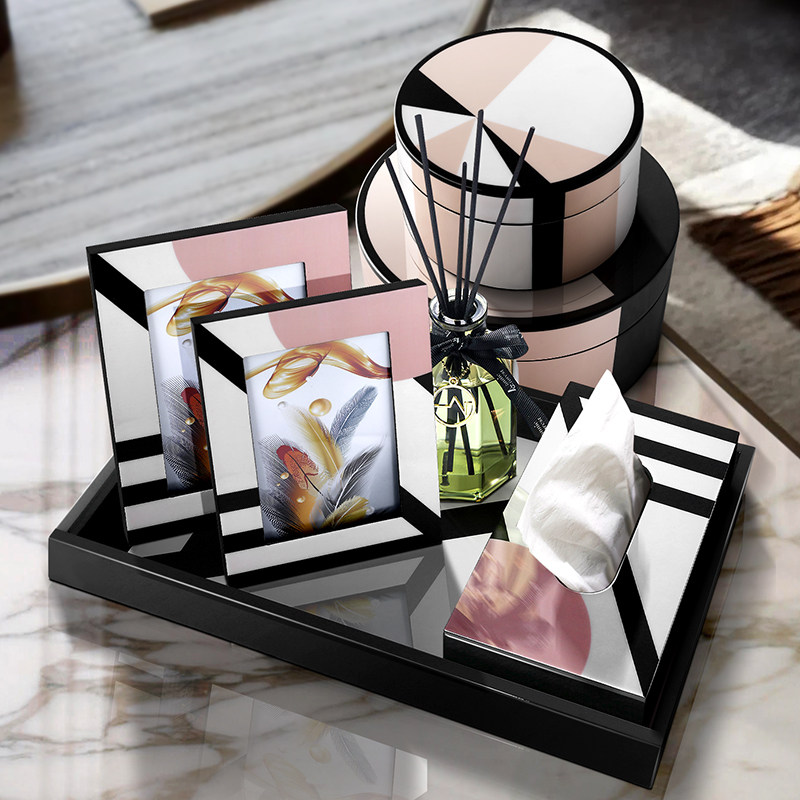 Vintage Luxury Black White Home Accessories Geometric Stripe Wooden Painted Rectangular Tissue Box Holder