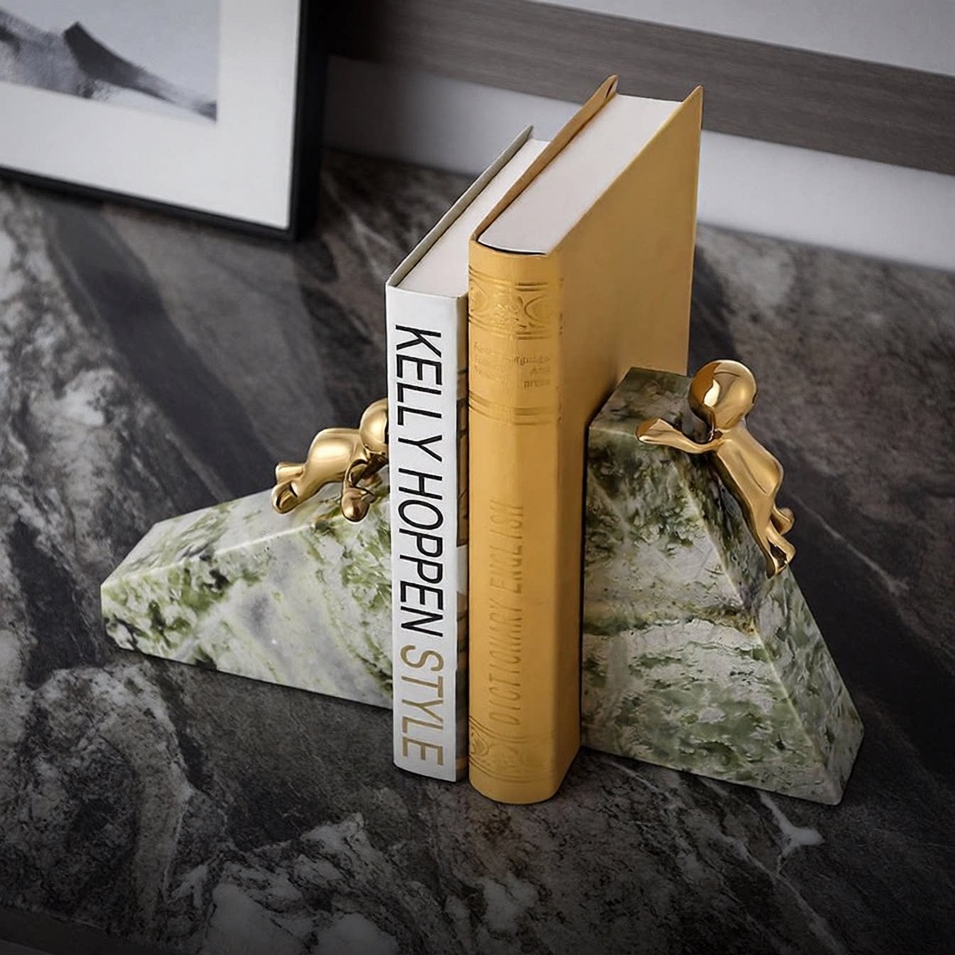 Natural Marble Bookend Pair with Golden Metal Sculpture Elegant Decorative Book Holders for Home Interior Decoration