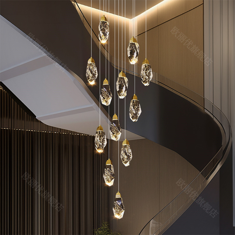 Modern Light Luxury Staircase Long Crystal Pendant Light,Modern Style Large Chandelier for Duplex Villa Living Room