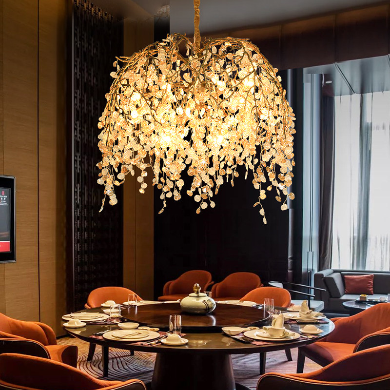 Postmodern Light Luxury Gold Round American Retro Crystal All-Copper Chandelier French Mid-Century Dining Room Living Room Lamp