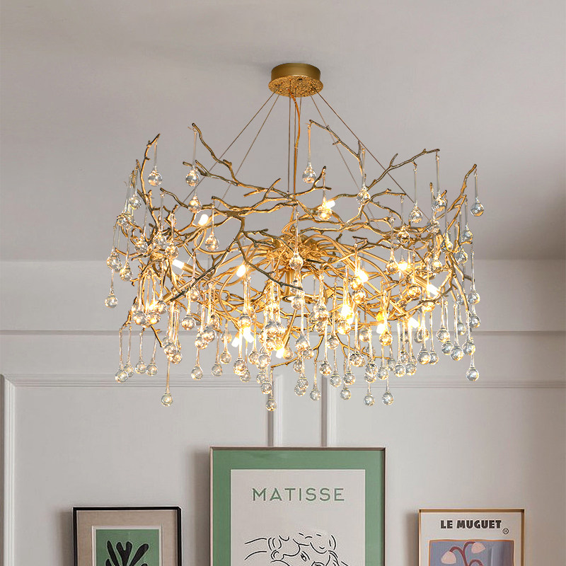 French & American Style Solid Copper Crystal Branch Chandelier, Decorative Lamp for Living Room, Dining Room & Bedroom