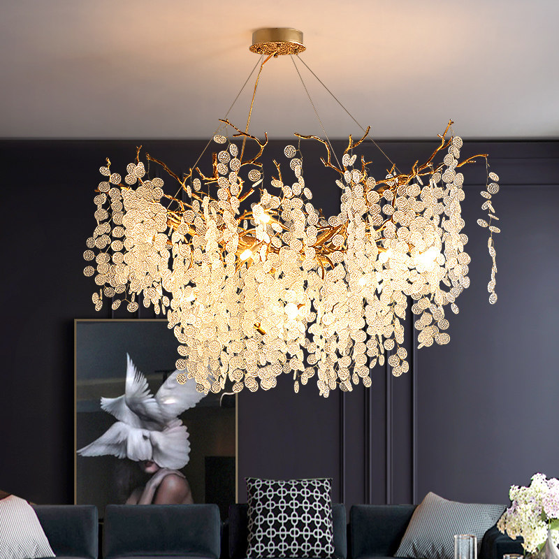French Light Luxury Crystal Chandelier with Full Copper Branch Frame, Modern Creative Pendant Light for Living Room & Bedroom