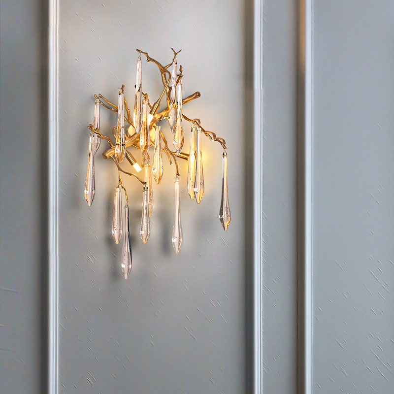 European Luxury Copper Branch Crystal Wall Lamp Creative Personality Villa Bedroom Living Room Wall Lighting