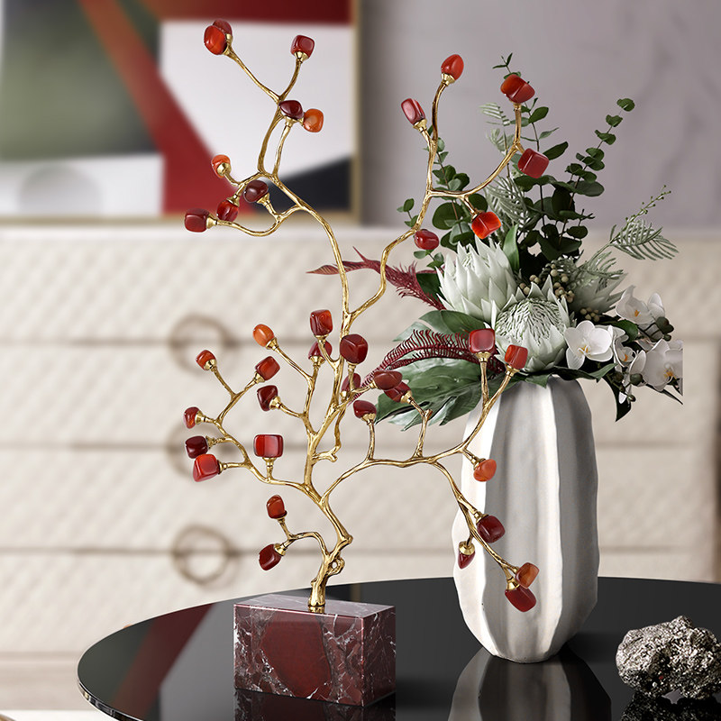 Green Jade Bird Branch Decor Sculpture with Brass Twig on Marble Base for Study & Villa Entryway Desk Display