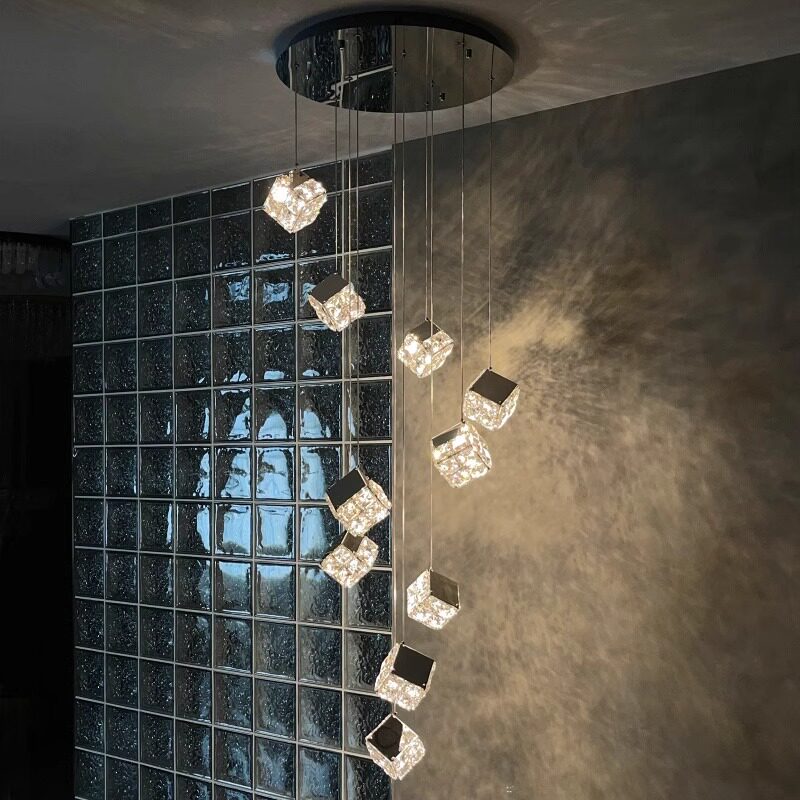 Modern Crystal Staircase Chandelier for Home Villa Remote Control Adjustable Height Warm White Lights Ceiling Hanging