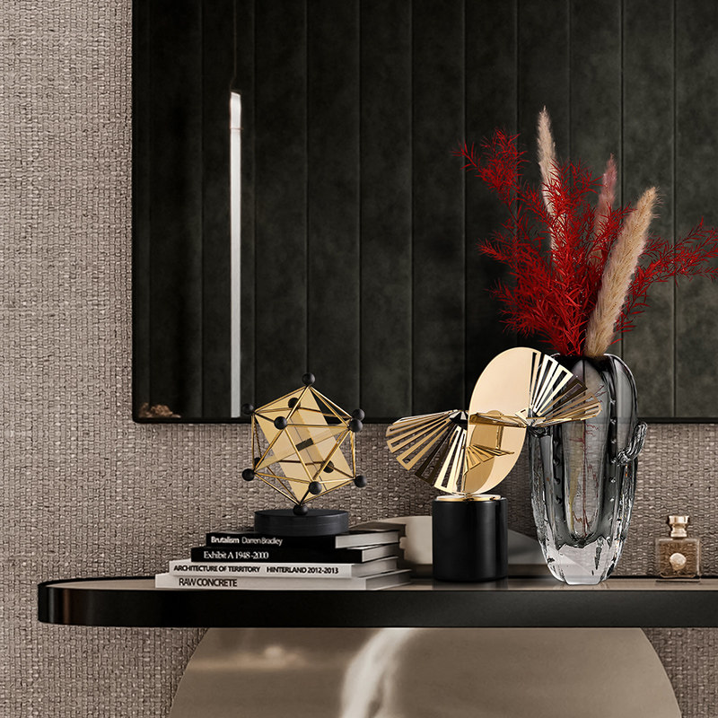 Gold Minimal Brass Table Centerpiece With Wooden Base Elegant Modern Decor Perfect For Dining And Coffee Table Display