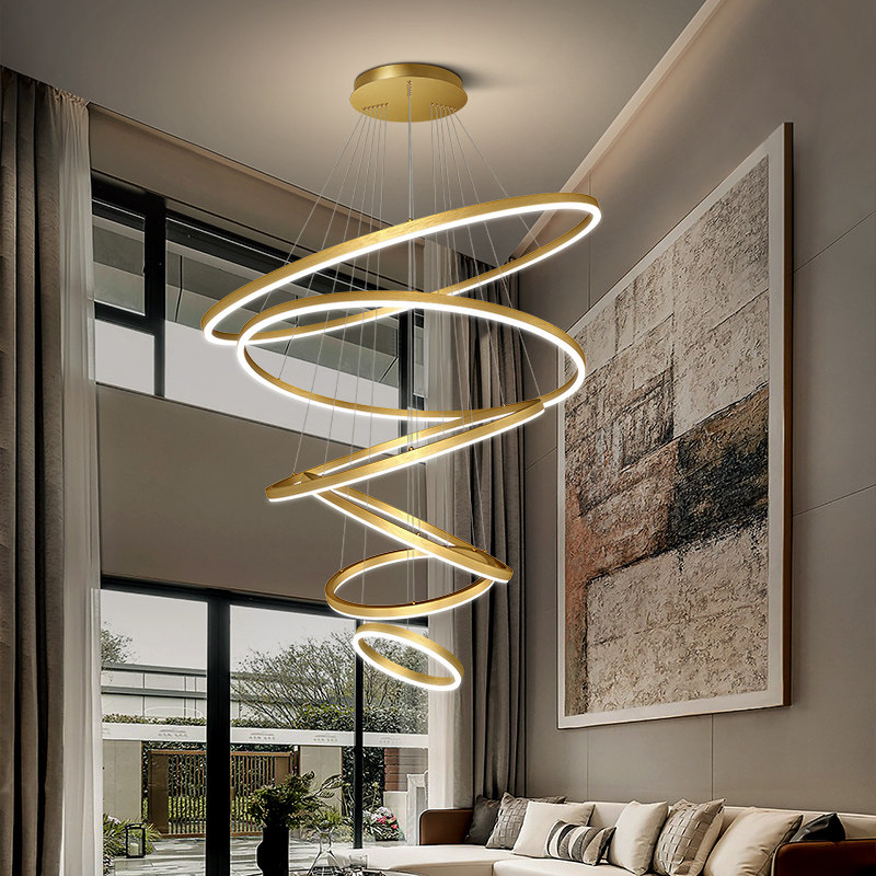 Modern Hotel Lobby Round Ring Led Chandelier for Living Room Villa Stairs Loft Aluminum Ring Circle Pendant Light
