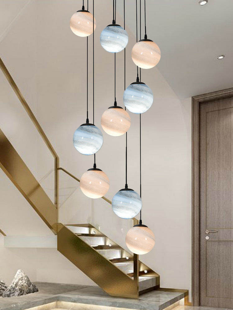 Creative Unique Wandering Earth Black Iron Glass LED Pendant Light Villas Duplex Staircase Lighting Apartment Chandelier
