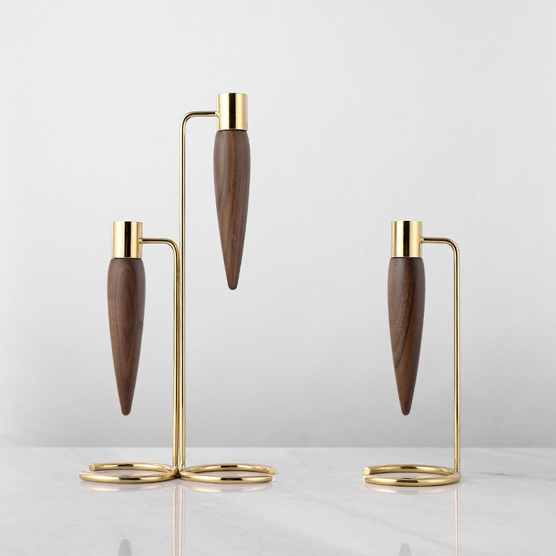 Set of 2 Iron & Wood Candle Stand Gold & Black Color Large Size Crystal Taper Candle Stand for Table Top Decoration