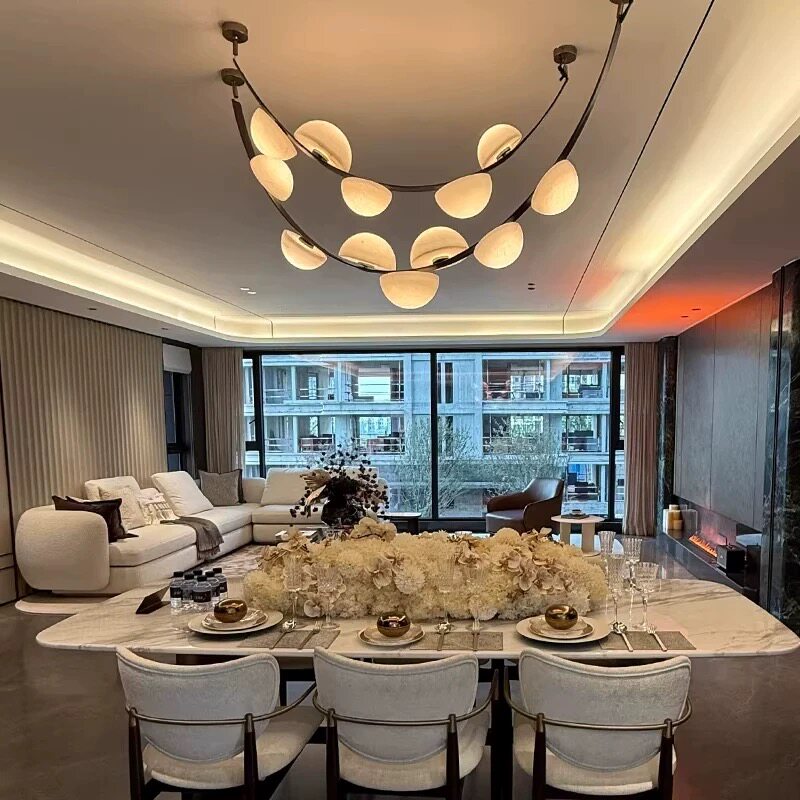 Minimalist Modern Steel Long Chandelier Belt Design Dining Room Living Room Home Decorative LED Ceiling Alabaster Pendant Light