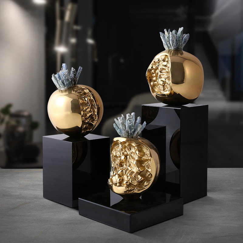 Luxury Golden Metal Wood Handcrafted Environment-Friendly Pomegranate Sculpture Set Modern Decorative Home Office Tabletop