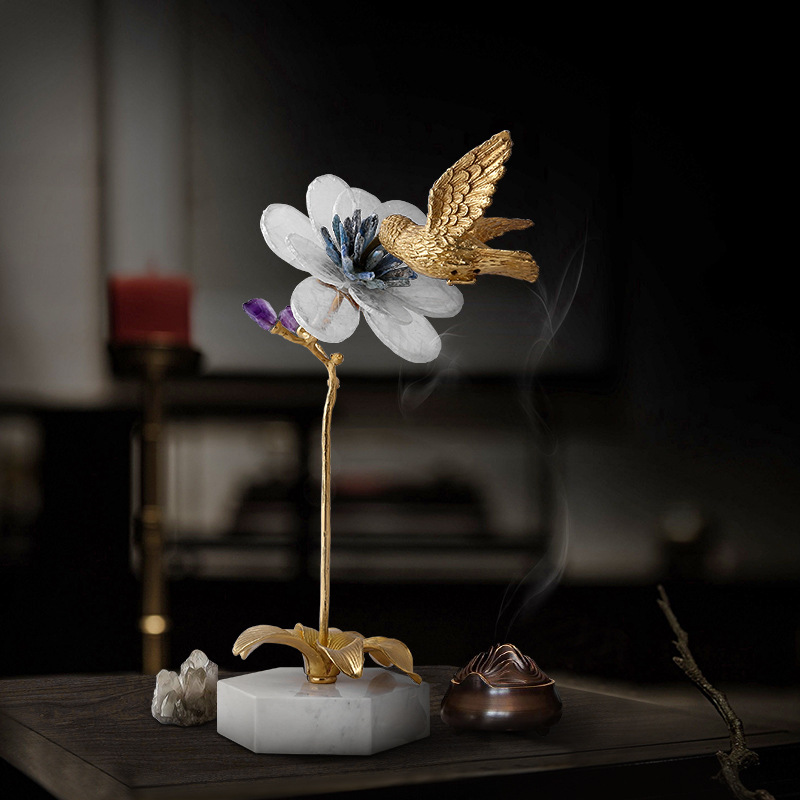 Single Piece Brass Bird Crystal Flower Figurine for Hotel Lobby Commercial Furnishing Engineering Project