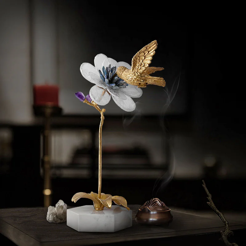 Single Piece Brass Bird Crystal Flower Figurine for Hotel Lobby Commercial Furnishing Engineering Project
