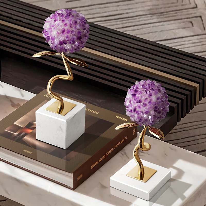 Luxury Amethyst Crystal Flower Sculpture Pair – Modern Home Decor Ornament for Living Room, Wedding Gift