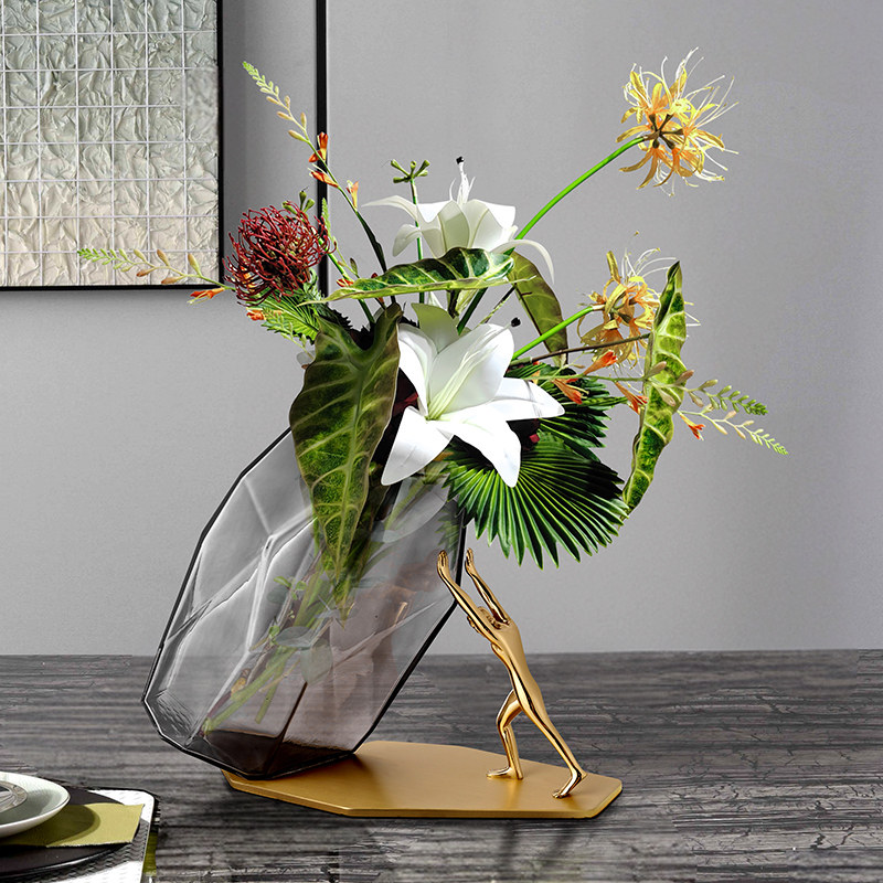 Modern Geometric Tilted Vase Golden Figure Support Iron+Glass Art Decor Home Office Living Room Desktop Display Tikanna High
