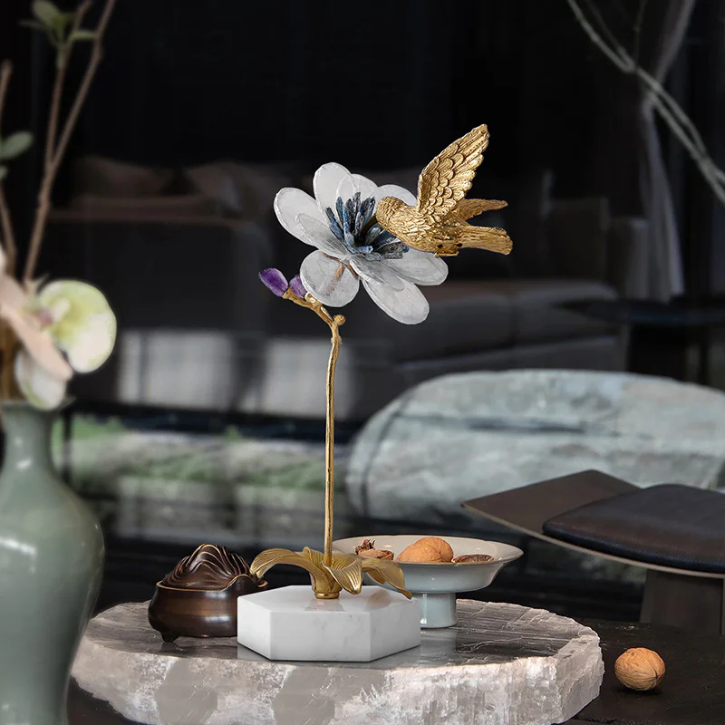 Single Piece Brass Bird Crystal Flower Figurine for Hotel Lobby Commercial Furnishing Engineering Project - Image 5