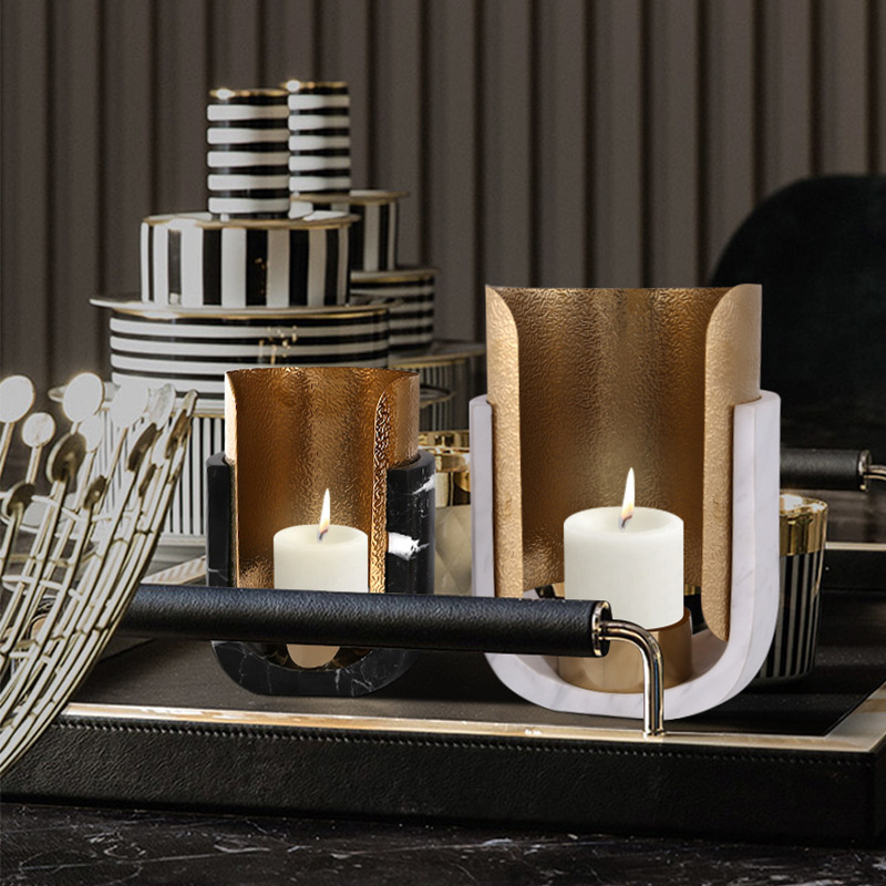 Decorative Household Articles Home Goods Candle Stand Candlestick Marble Candle Holder with Gold Metal
