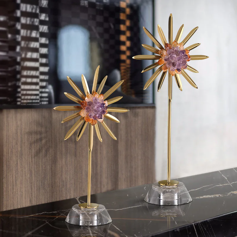 Minimalist Metal Starburst Statue Set with Crystal Cube Base for Bookcase Soft Home Decor - Image 4