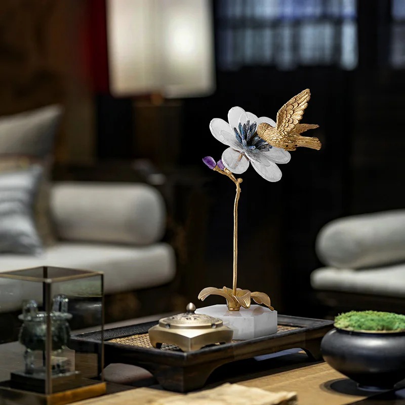 Single Piece Brass Bird Crystal Flower Figurine for Hotel Lobby Commercial Furnishing Engineering Project - Image 4