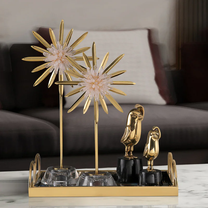 Minimalist Metal Starburst Statue Set with Crystal Cube Base for Bookcase Soft Home Decor - Image 3