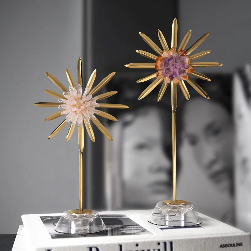 Minimalist Metal Starburst Statue Set with Crystal Cube Base for Bookcase Soft Home Decor - Image 2