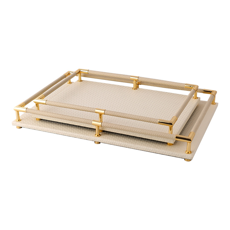 Elegant Durable Modern Metal Leather Wood Rectangular Serving Tray Home Living Room Coffee Table Vanity Decor