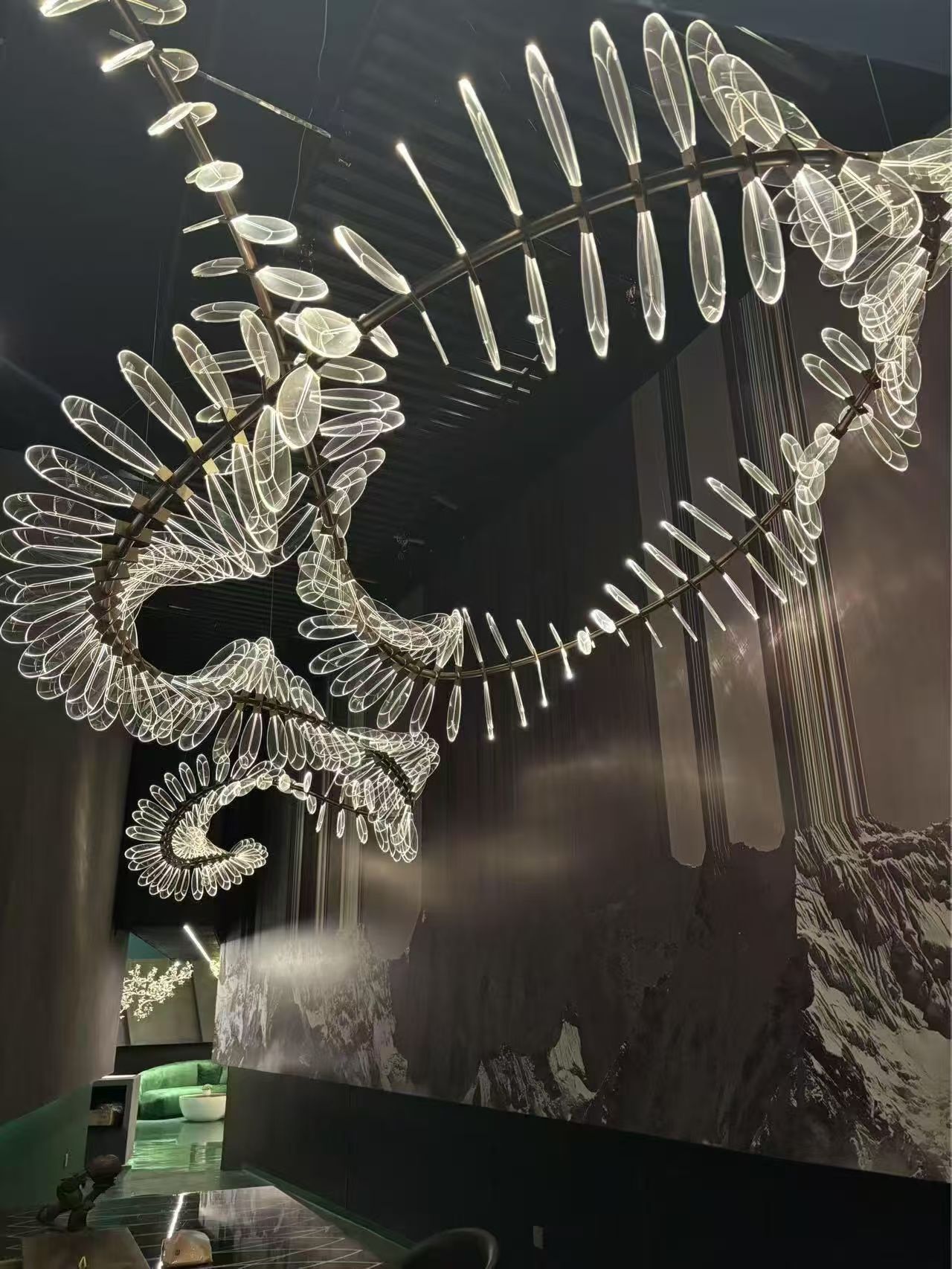 Custom Acrylic Laser Wave Post Modern Design Hotel Shopping Mall Convention Center Light Large High Ceiling Long Chandelier